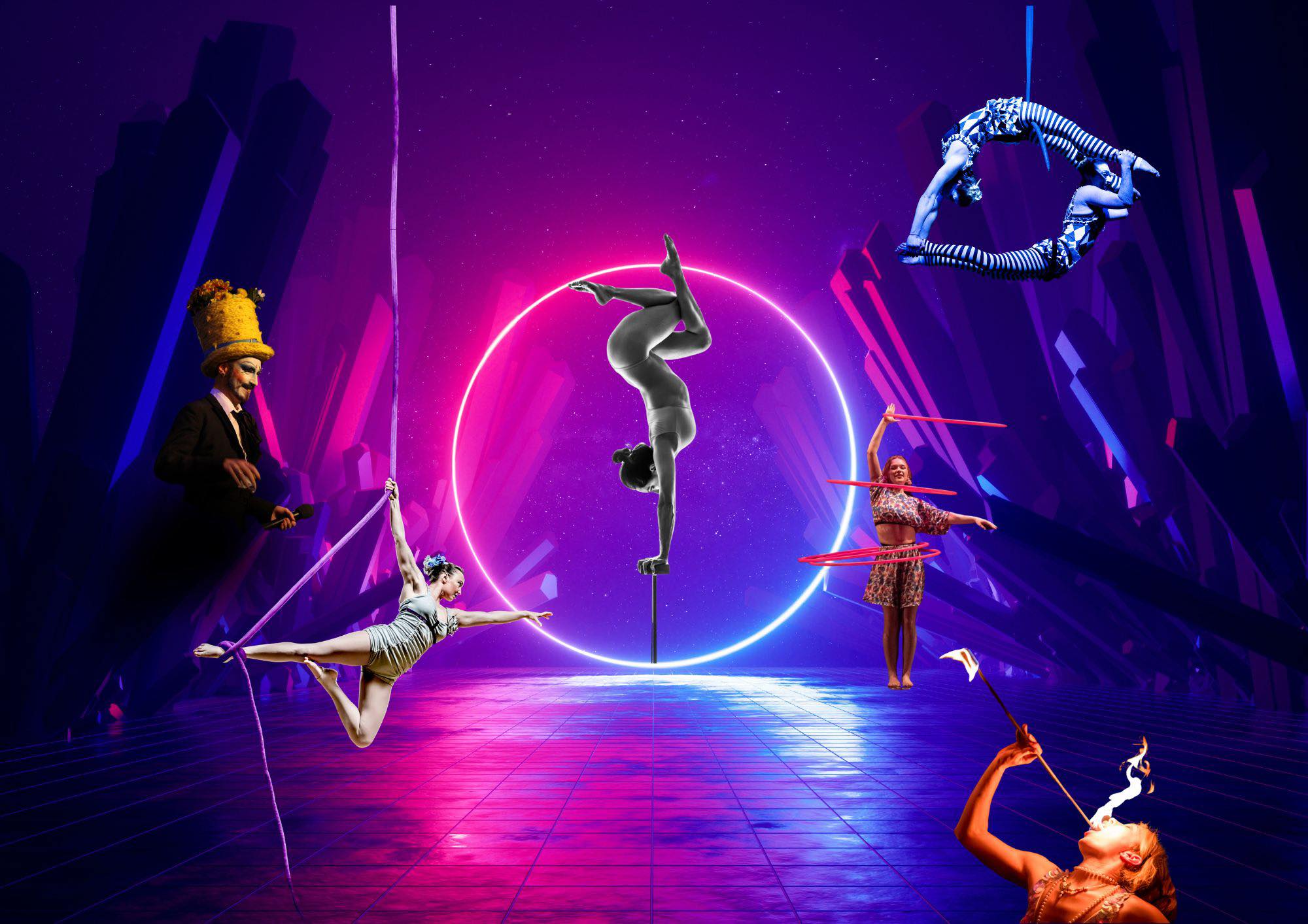 Aerial circus performance - neon stage